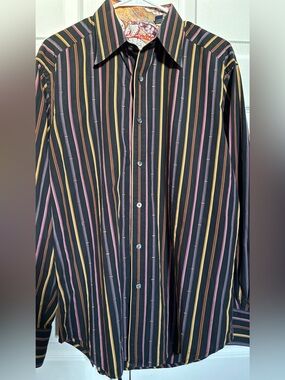Robert Graham Men’s L Dark Charcoal Multi Stripe Button Down Shirt Flip Cuff